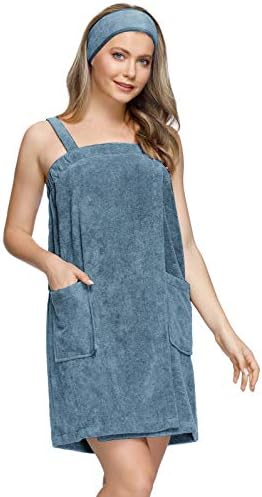 Zexxxy Bath Wrap Set for Women Spa Gym Shower Body Wrap with Straps Pockets Bathrobe S Blue-Gray