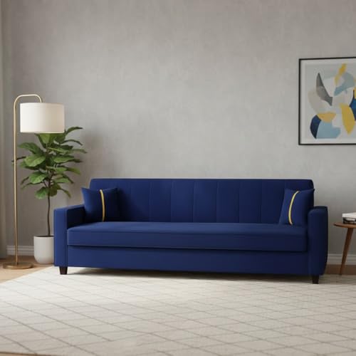 Image of FURNY Cosmos 3 Seater Fabric Sofa Set (Dark Blue) Premium Velvet Finish | Durable Comfort | Ideal for Living Room