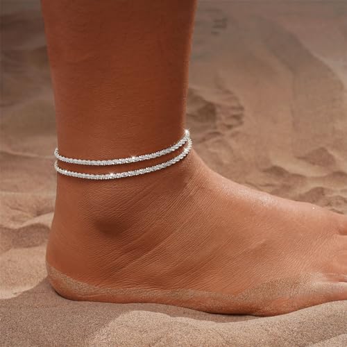 Tasiso Gold/Silver Ankle Bracelets for Women,14K Gold Anklets for Women Waterproof Sparkly Chain Rhinestone Anklets Set Stackable Layered Anklet Bracelets for Women Beach Gold Jewelry Gift2