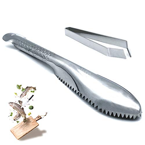 Fish Scaler, Fish Scaler Remover, Fish Scaler Brush with Stainless Steel Sawtooth, Easily Remove Fish Scales Kitchen Tool, Fish Scaler and Fish Bone Tweezers Set Of 2