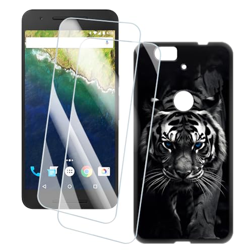 OAGELIM 2er Pack Bildschirm Schutzfolie + Hülle Kompatibel mit Huawei Nexus 6P (5.7 Zoll) Künstlerisch Bedruckte Hülle & Gehärtetes Glas Kratzfest (Tiger)