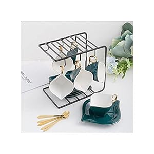 Tea Cup Set Rhombus Tea Cup Set with Spoon Porcelain Cappuccino Cups with Saucers Metal Stand (4 pcs) (Green 6 pcs)