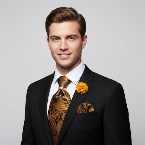 Image of 5PCS Mens Silk Designer Tie, Pocket Square, Cufflinks, Drilled Tie Ring and Lapel Pin Set for Wedding Groom Party