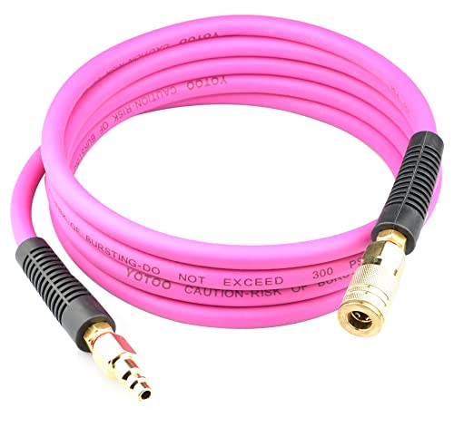 YOTOO Hybrid-Luftschlauch, 1/4 Zoll x 3 m, 300 PSI, robust, leicht, knickfest, Allwetter-Flexibilität mit Biegebegrenzern, 1/4 Zoll Industrie-Schnellkupplung und Stecker, Rosa Cover
