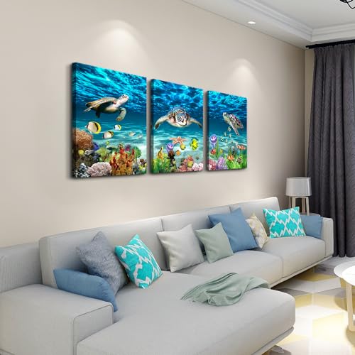 Lapremoly Large Canvas Wall Art for Living Room Wall Decor for Bedroom Bathroom Wall Decoration Ocean Sea Turtle Scenery Paintings Modern Pictures Artwork office Ready to Hang Home Decor 3 Pieces