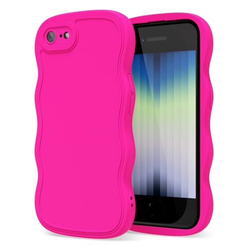 oakxco Silicone Case for iPhone SE Case 2nd 3rd Generation Wavy Edge, Cute Curly Wave Frame Ripple Design Girly Phone Case for Women, Y2k Aesthetic Rubber & Camera Cover Protection, Neon Hot Pink