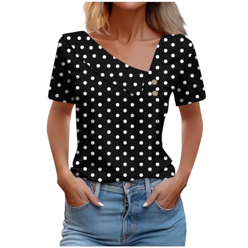 Casual Tops for Women Summer Asymmetric V Neck Shirt Color Block Buttons Short Sleeve Top Cute Graphic Basic Tees
