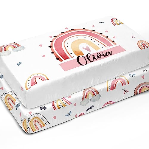 Duckbe Custom Baby Crib Sheets - Personalized Name Fitted Bed Sheet for Standard Crib Mattress Cover - 2 Pack Pink Rainbow Design Neutral Toddler Sheets for Boy Girl Gift Color03