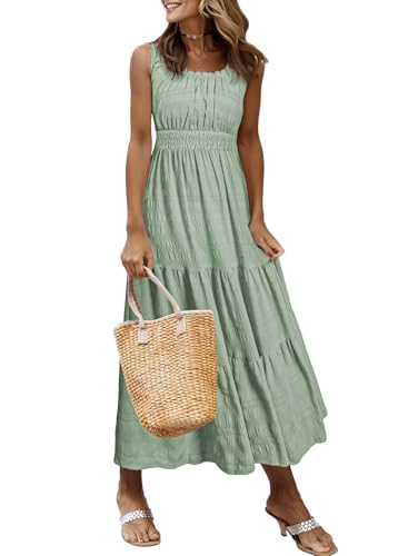 AlvaQ Womens Spring Summer Sundress Sleeveless Round Neck Maternity Dresses Casual Elastic Waist Ruffle Flowy Long Dress Fashion 2025 Green Small