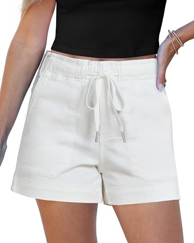 Utyful Jean Shorts for Women High Waisted Womens Shorts Plus Size 4 Inch Inseam Elastic Waist Jorts Cream White Small Fits US Size 4 to 6