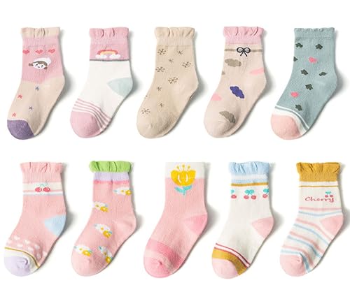kiobrvhe Kids Socks with Grips Non Slip Slipper Socks Cartoon Print 10-Pairs Pack Cozy Fluffy Winter Warm Crew Socks (Style C,3-5T,US,Age,3 Years,5 Years)