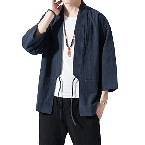 Image of PRIJOUHE Men's Kimono Jackets Cardigan Lightweight Casual Cotton Blends Linen Seven Sleeves Open Front Coat Outwear