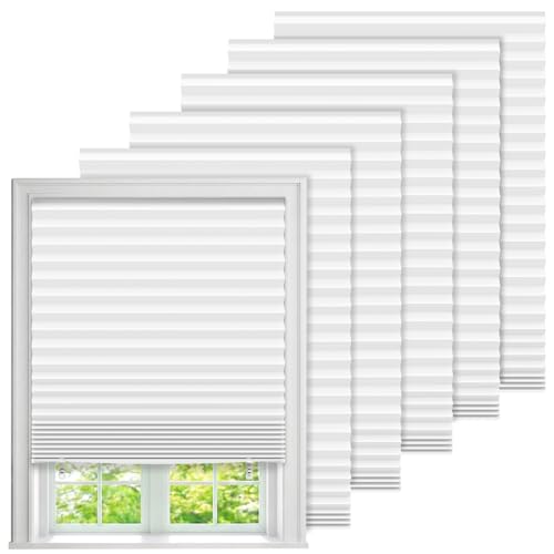 Neugodo 6 Pack Temporary Blinds for Indoor Windows No Drill 24 W x 59 H Light Filtering Adhesive Pleated Shades for Windows Cordless with 12 Clips Room Darking Shades for Bedroom White