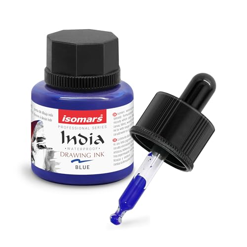 Image of Isomars Waterproof Drawing Ink with Dropper - 35ml | India Ink for Calligraphy, Art, Technical Drawing | Fade-Resistant & Quick-Drying (Blue)