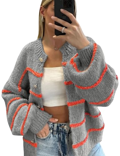 Image of QIBABU Womens Striped Cardigan Sweaters Casual Open Front Long Sleeve Button Down Knit Outwear