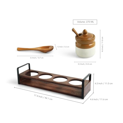 Image of ExclusiveLane 'Barni Tales' Ceramic Pickle Jars for Dining Table With Spoon & Wooden Holder (Set Of 4, Non-Airtight, 270 ml) |Pickle Jar With Spoon Achar Jar Set Achar Container Set for Dining Table|