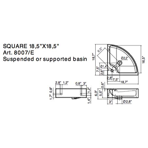 Scarabeo 8007/E-One Hole Square Ceramic Wall Mounted/Vessel Corner Sink, White #TOP1