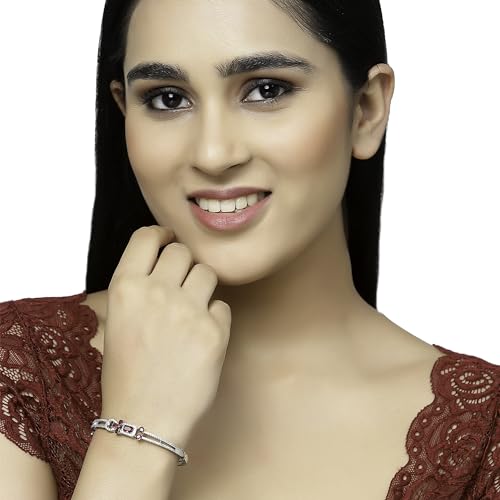 Image of ZENEME Rhodium-Plated American Diamond Studded Flower Patterned Kada Bracelet For Girls and Women