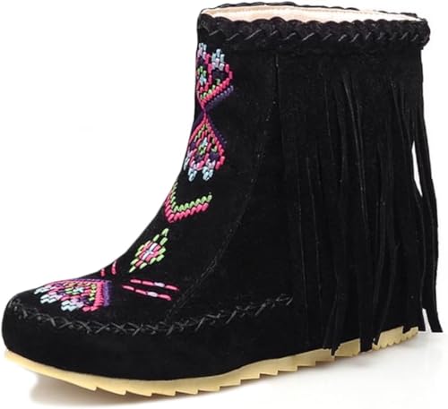 Women's Retro Fringe Moccasin Boots Low Heel Ankle Boots Slip On Comfy Warm Classic Booties