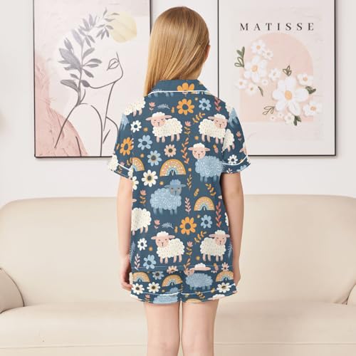ALAZA Sheep Blossom Rainbow Leaf Satin Pajamas Set Short Sleeve Button Down Sleepwear Summer Pjs 2 Piece4