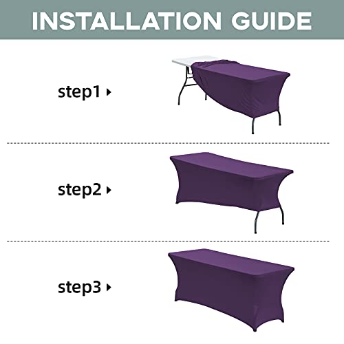 Image of CWK 8FT Waterproof Stretch Spandex Table Cover for Rectangular Tables - Elastic Fitted Tablecloth for Folding Tables,Wrinkle Resistant Table Cloth for Parties, Weddings, Banquets & Events (Dark Puple)