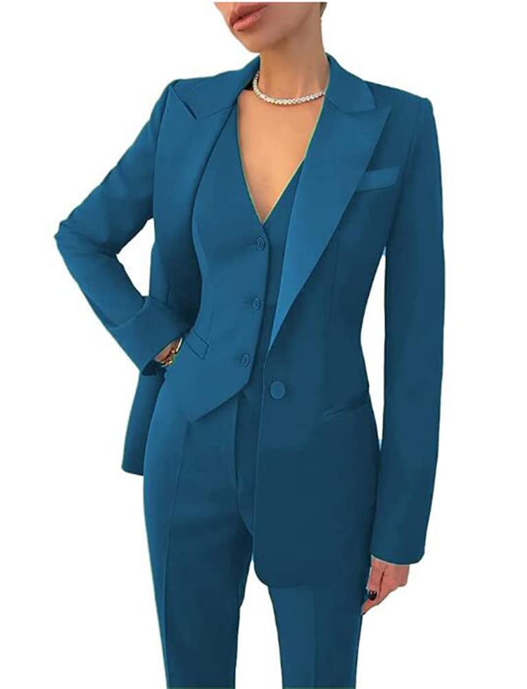 Leader of the Beauty Women's 3 Piece Office Work Blazer Vest Pants Business Pants Suit Set Prom Party Suit Blue