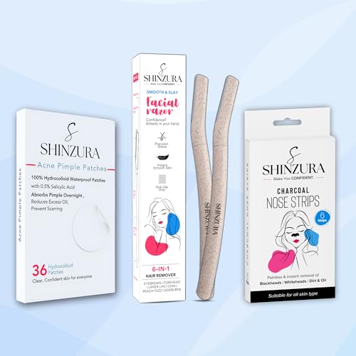 Image of Shinzura Acne Pimple Patches (36) + Facial Razor 6-in-1 (2 pcs) + Charcoal Nose Strips (6) | Hydrocolloid Pimple Patch with Salicylic Acid, Blackhead Remover, Women Face Razor