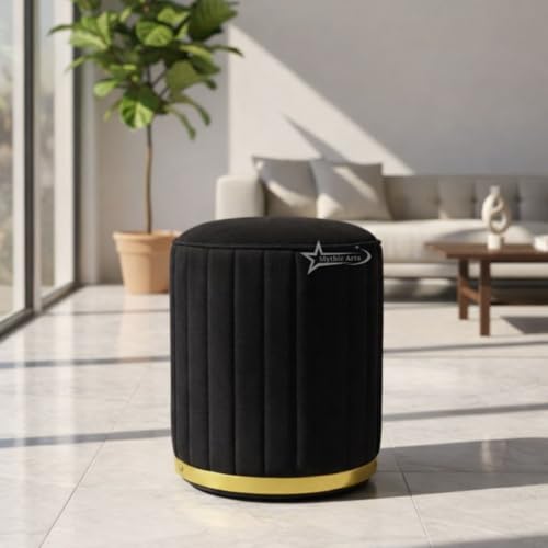 Image of Upholstered Round Linen Strip Stool Living Room Foot Rest Office Stool Pouf Ottoman Padded Seat - Black