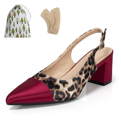 2.3 Inch Low Block Satin Slingback Heels for Women Cap Pointed Toe Leopard Print Ankle Strap Pumps Comfortable Dress Two Tone Shoes for Evening Party Prom