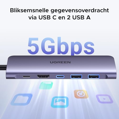 UGREEN 7-in-1 USB C hub 4K HDMI 30Hz, 100W PD opladen, USB C 3.0, 2x USB A 3.0, SD/MicroSD kaartlezer - Afbeelding 4
