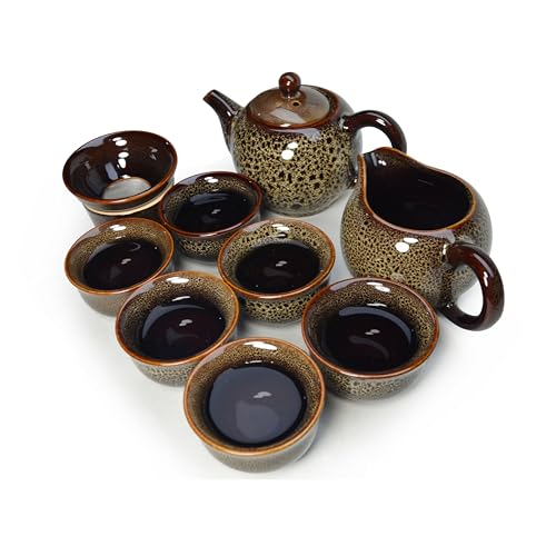 Image of Kiln Glaze Ceramic Tea Set Gift Box (9-Piece), Teapot 10oz Gongdao Cup Filter and 6 Small Cups Changing Glazed Ceramic Tea Ceremony (Set brown)