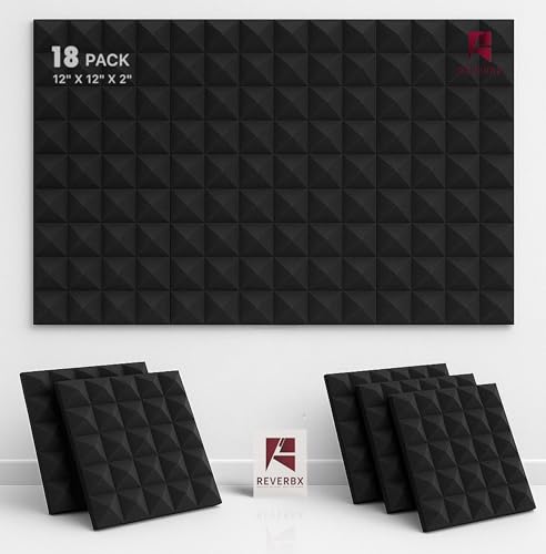 Image of Pyramid Acoustic Foam Panels (Pack of 18) - Compressed Packing - 12 inch X 12 inch X 2 inch, 38 Density | Acoustical Soundproofing for Studio, Theater etc | Echo & Reverb Absorption (Charcoal Black)