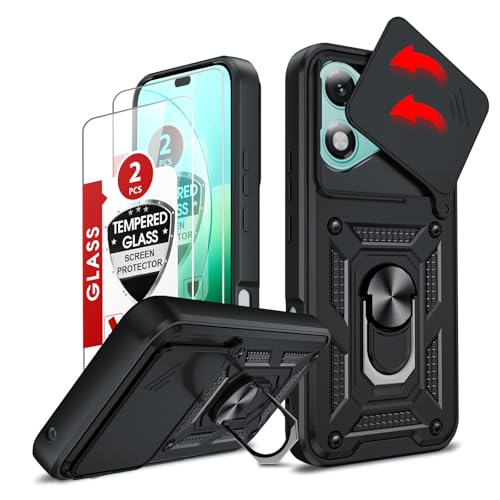 LeYi for Honor 400 Lite 5G Phone Case with Camera Cover Slider and 2 Tempered Glass Screen Protectors Ring Stand Holder Military Protective Armour Rugged Phone Cover for Honour 400 Lite 5G Black