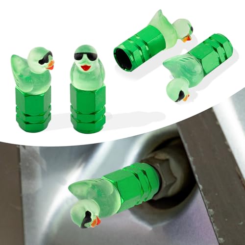 4Pcs Duck Tire Valve Caps, Funny Sunglasses Duck Valve Stem Caps Covers for Wheels, Decorative Cute Tire Valve Caps for Car Accessories (Hexagon Duck Green)