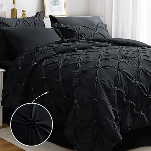 JOLLYVOGUE Black Cal King Size Comforter Sets 7 Pieces, Pintuck Bed in a Bag Comforter Set for Bedroom, Bedding Comforter Sets with Comforter, Sheets,Ruffled Shams & Pillowcases
