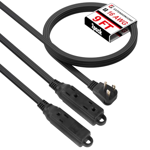 EP 9 Ft 3 Outlet Extension Cord with Flat Plug, 3 Prong Grounded, 16/3 SPT-3 Power Cable for Indoor Use, Black, 2 Pack