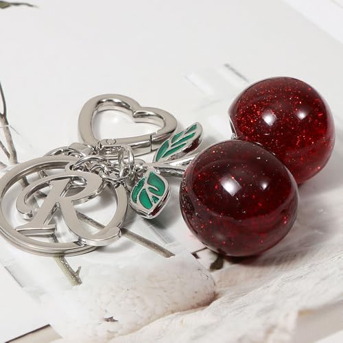 Heart-Shaped Keychain with Initial A-Z and Cherry Charm Bag Charms for Women,Car Accessories