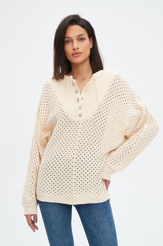 Image of EZAPINE Women's Oversized Crochet Sweater Pullover Drawstring Long Sleeve Button Hollow Out Knit Crochet Top Blouses