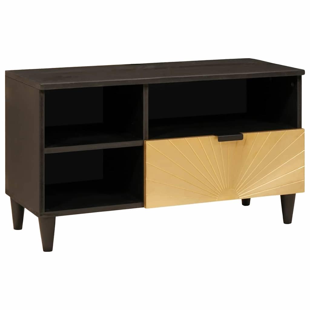 TV-Schrank Schwarz Gold 80x33x46 cm Holzwerkstoff | Mehrere Regale, Kegelfuesse, Stangengriffe, Pflegeleicht mit Feuchttuch