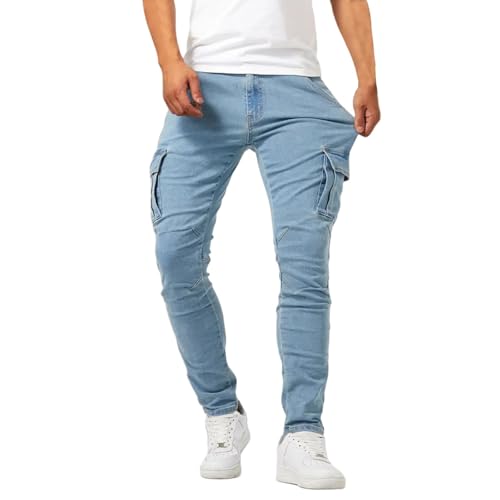 Men's Slim Fit Stretch Jeans Distressed Washed Stretch Denim Pants Classic Straight Leg Work Pants with Mulit Pockets