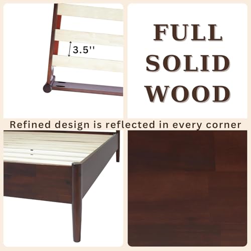 Image of Bme Oliver King Bed Frame and Headboard - 15-Inch Signature Design with Rattan Headboard, Bohemian and Mid Century Style, 12-Slat Wood Support, No Box Spring Needed - Easy Assembly, Walnut