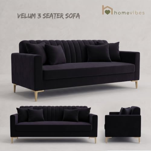 Image of Velum 3 Seater Sofa for Living Room & Office | Premium Fabric Upholstery | Solid Wood Frame | Comfortable Seating | 3 Years Warranty (Black, 3 Seater Sofa)