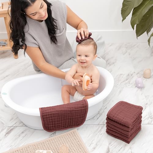 Image of Comfy Cubs Muslin Baby Washcloths 10 Pack - Soft 6-Layer Cotton Wash Cloths for Sensitive Skin - 10 inchx10 inch Large, Gentle, Absorbent Infant Essentials for Newborn and Toddlers - Wine