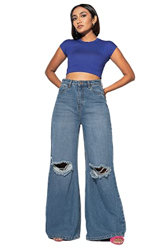 Image of FREAKINS Womens Cotton High Waist Distressed Wide Flare Jeans Regular