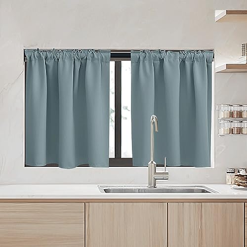 Image of RYB HOME Small Window Curtains - Blackout Insualting Privacy Curtains for Kids Bedroom Kitchen Bathroom Basement Cafe Cabinet Tiers Drapes, 34 Width x 24 Length, 2 Panels, Dusty Blue
