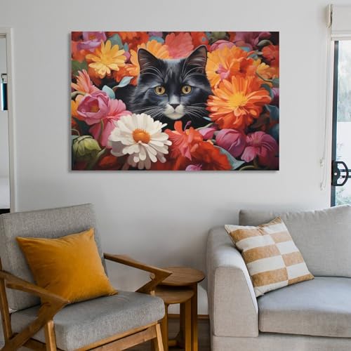 Toile chat floral moderne tableau prêt à poser pour mur vide - 6