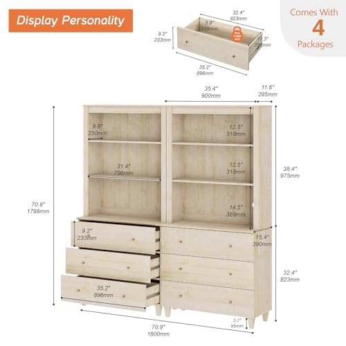 Image of WAMPAT 71 inch Tall Bookcase with 6 Drawers & Open Shelves, 2 Column Modern 3-Tier Bookshelf with Adjustable Shelf, 71 inch Wide Wooden Display Book Shelf for Home Office, Living Room, Bedroom, Light Oak