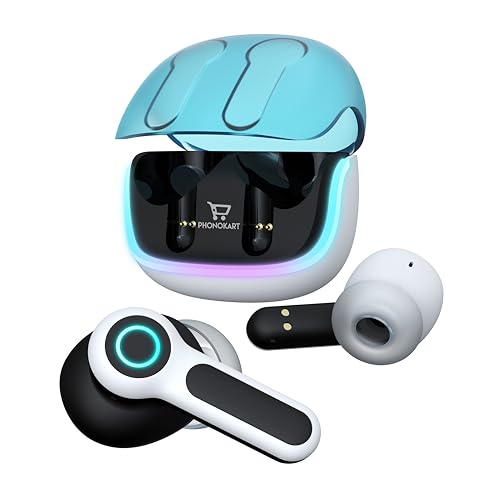 Image of Phonokart KIRA TWS Bluetooth V5.4 Earbuds with Quad Mic ENC, RGB LED Gaming Mode, 70H Playtime, Type-C Fast Charging, Touch Control Wireless Earbuds with 500mAh Battery (White)