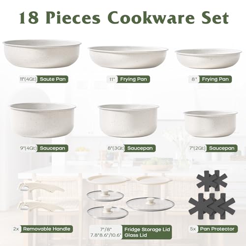 Image of SODAY 18Pcs Pots and Pans Set Non Stick,Detachable Handle, Oven Safe | Nonstick,white, Aluminum, Granite coating,induction ready, RV kitchen, stackable design, space-saving for small kitchens