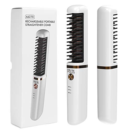 Brosse Lissante Ionique, PELCAS Peigne à Lisser Sans Fil Anti-brûlure Cheveux Lissante Brosse avec USB Rechargeable Styling Brush pour Tous Les Types de Cheveux et Barbe